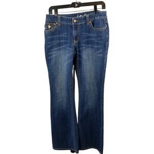 INC Denim Blue Jeans Gold Trim Rhinestone Buttons Flap Pockets Boot Flare 8